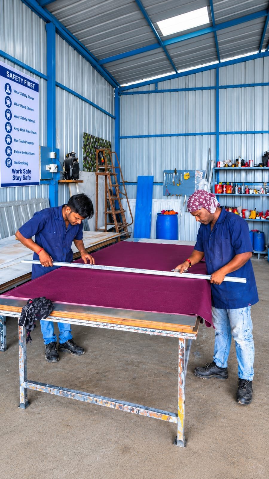 Globle Systems team fabricating FRP panels in the workshop